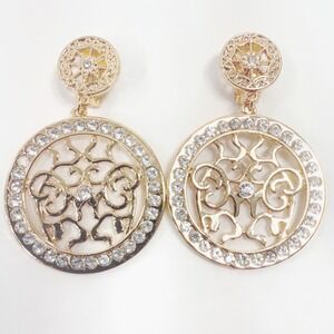 Gold Tone Earrings Round Dangle Sparkling Rhinestones Clip On